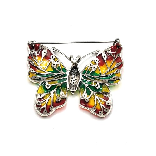 257 - A silver and plique-a-jour enamel style butterfly brooch, set with red, yellow, and green glass, wit... 