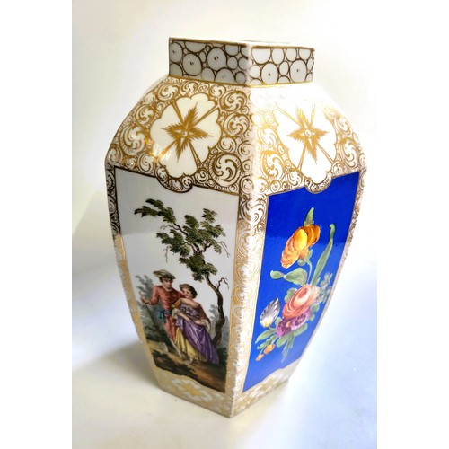 157 - A Dresdan-style hexagonal vase printed with panels of couples in landscapes, 26cm, and a 20th centur... 