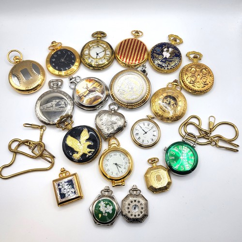 394 - A collection of 19 modern quartz pocket watches and two chains.