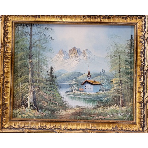 82 - A mid to late 20th century European mountain scene, oil on canvas, signed Windberg lower right, gilt... 