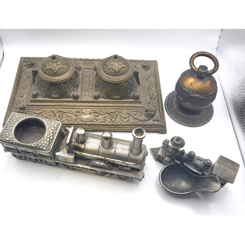 96 - Box of two inkwells, train pipe stand and a train inkwell.