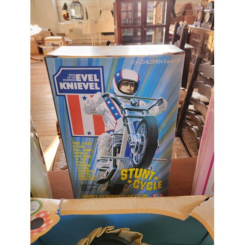 112 - Evel Knievel stunt cycle, boxed, three boxed dolls (Rosalina, Thumbelina and Begona), and Quiz Ball,... 