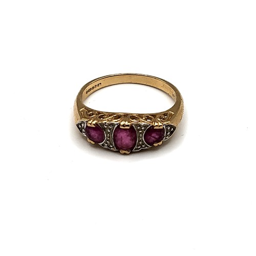 346 - A 9ct yellow gold, diamond, and ruby ring, set with three rubies, size P 1/2, 3.2 grams, together wi... 