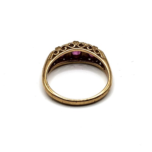 346 - A 9ct yellow gold, diamond, and ruby ring, set with three rubies, size P 1/2, 3.2 grams, together wi... 