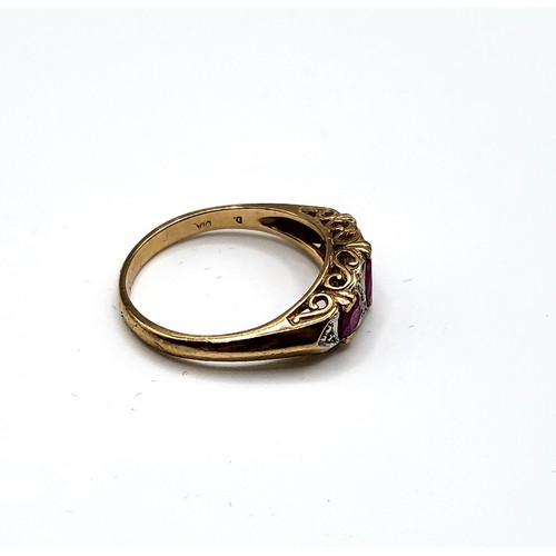 346 - A 9ct yellow gold, diamond, and ruby ring, set with three rubies, size P 1/2, 3.2 grams, together wi... 