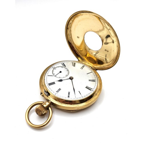 395 - An 18ct yellow gold half hunter pocket watch, with blue enamel chapter ring, white enamel Roman nume... 