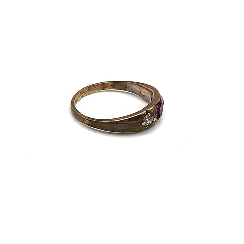 348 - A ruby and diamond gypsy ring, inset with one ruby and two old-cut diamonds (one a/f), unmarked (tes... 