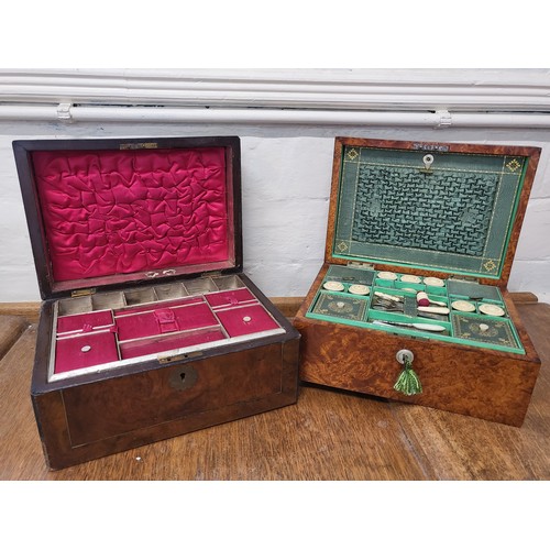 97 - A late 19th / early 20th century green lined sewing box, containing various sewing paraphernalia, to... 