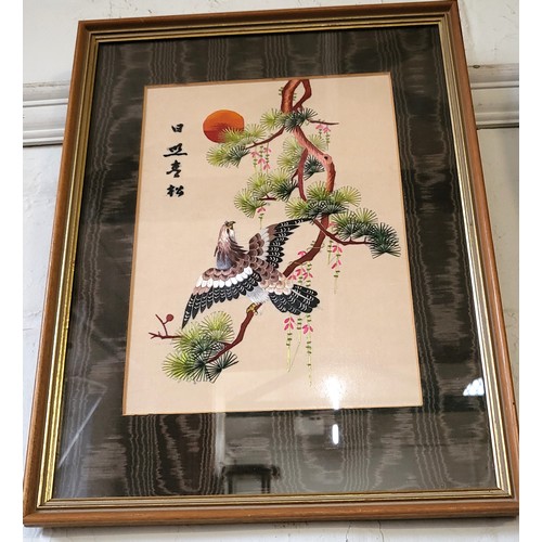 89 - Two vintage Oriental silk embroidered pictures of birds. 43cm x 35cm and 68cm x 56cm.