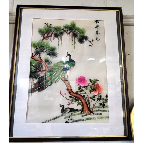 89 - Two vintage Oriental silk embroidered pictures of birds. 43cm x 35cm and 68cm x 56cm.