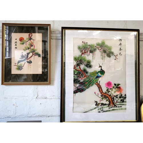 89 - Two vintage Oriental silk embroidered pictures of birds. 43cm x 35cm and 68cm x 56cm.