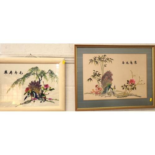 90 - Two vintage Oriental silk embroidered pictures of birds. 38cm x 48cm and 47cm x 51cm. (2)