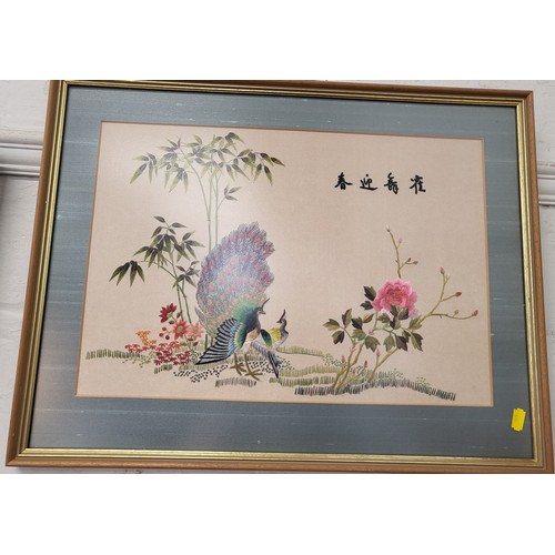 90 - Two vintage Oriental silk embroidered pictures of birds. 38cm x 48cm and 47cm x 51cm. (2)