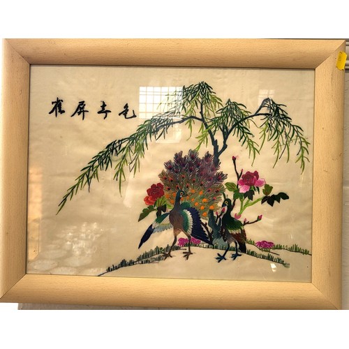 90 - Two vintage Oriental silk embroidered pictures of birds. 38cm x 48cm and 47cm x 51cm. (2)