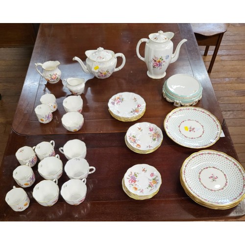 207 - A Royal Crown Derby 'Derby Posies' tea and coffee set, a porcelain stand 18cm diameter, and six Ford... 