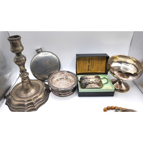 222 - A group of silver and plated items, to include various silver mustard spoons, an Indian candlestick,... 