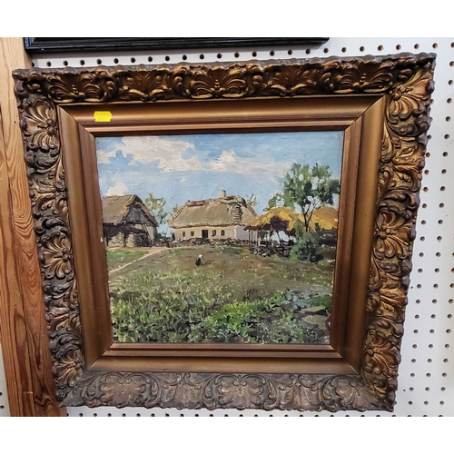 92 - Oil on board of a farmhouse scene, unsigned. 33cm x 35cm, together with a watercolour portrait of Mr... 