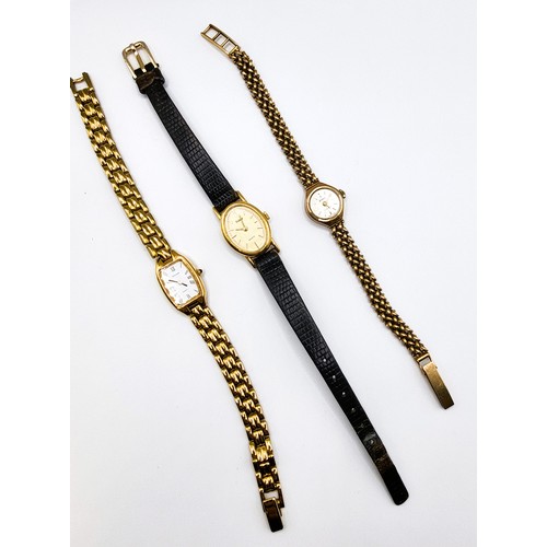 402 - A 9ct yellow gold ladies Accurist wristwatch on articulated link strap, together with two Pulsar wat... 