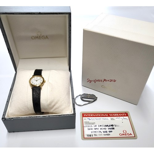 365 - A ladies Omega de Ville 1990 gold-plated 20mm case on a leather strap, quartz movement in original p... 