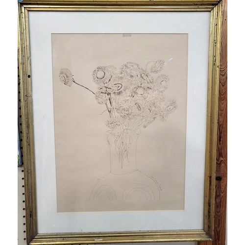 81 - A drawing in ink of flowers in a glazed and in a gilt frame. By Richard Conway-Jones. 70cm x 61cm.