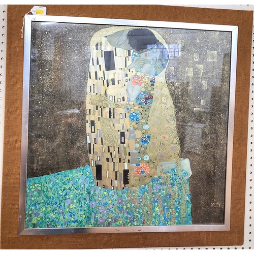 83 - Klimt 'The Kiss' framed and glazed and mounted on a hessian board. 78cm x 78cm.