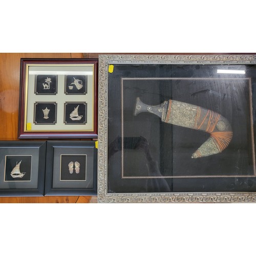 123 - Framed knife and three plated items, framed