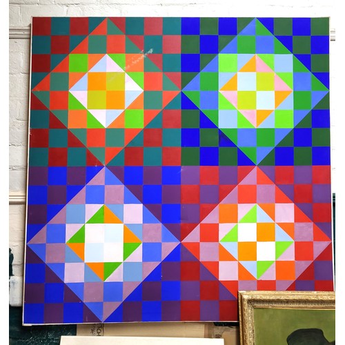 86 - A large geometric colourful painting on canvas 150cm x 150cm.