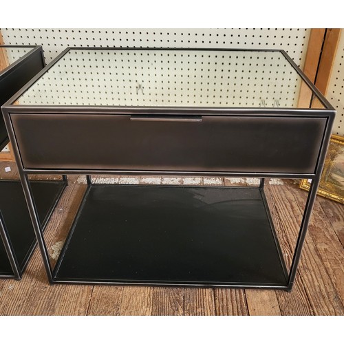 39 - A pair of gun metal mirror-top open cabinets with drawer. 58cm x 71cm x 51cm