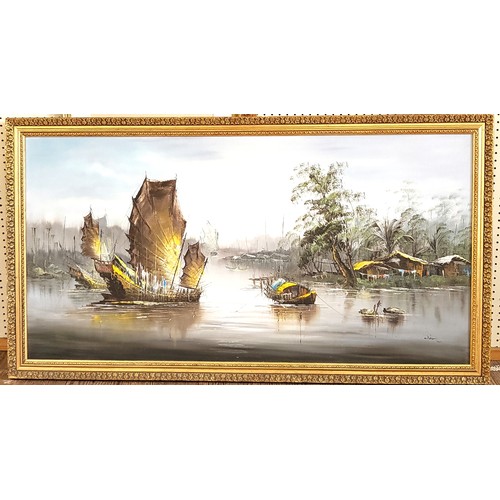 87 - Oil on canvas of Oriental Junk in river, indistinguishably signed. 80cm x 158cm