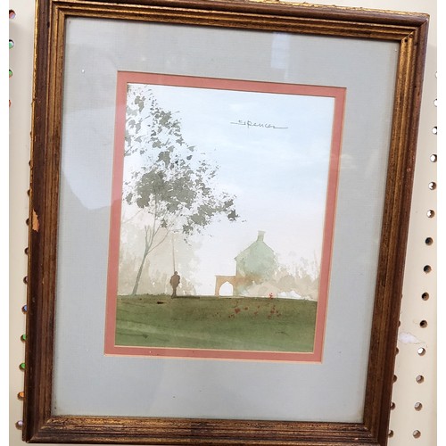 89 - A watercolour (possibly signed EMH), glazed and gilt framed 48cm x 62cm and three watercolours by Sp... 