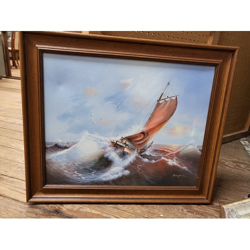 91 - Three paintings including a vintage Adolphus George Broomfield nautical scene 54cm x 65, oil on canv... 