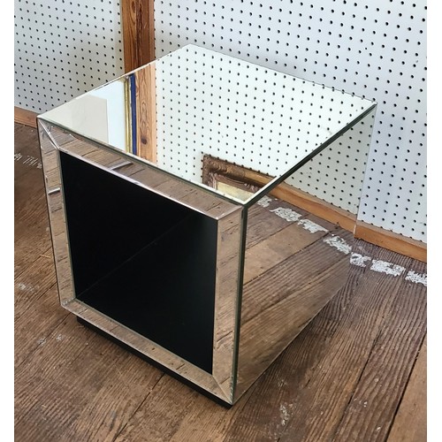 49 - A small mirrored cube side table with black  lustre base shelf. 50cm x 45cm x 45cm.