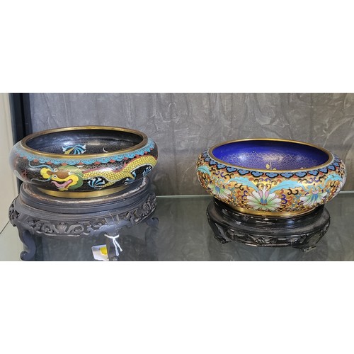 127 - A Cloisonne bowl with dragon design 20cm diameter and a blossom and sparrow design 21cm diameter, bo... 