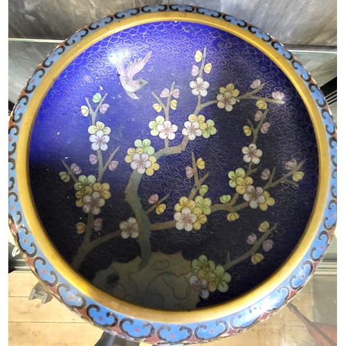 127 - A Cloisonne bowl with dragon design 20cm diameter and a blossom and sparrow design 21cm diameter, bo... 