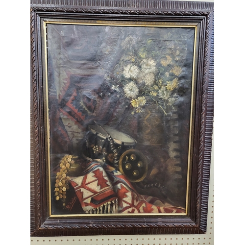 115 - Oil on canvas , a still life of flowers with a drum and military regalia, 76cm x 57cm in decorative ... 