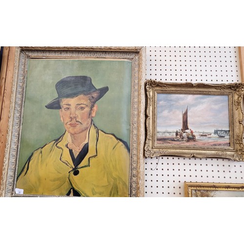 92 - Yarmouth 'Old Jetty' oil on board by G Wilding, 35cm x 45cm and a portrait of Armand Roulin- print f... 