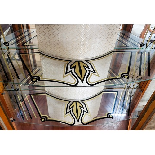 23 - Art Deco bow front glass display cabinet with black and gold decoration to the two glass shelves. 12... 