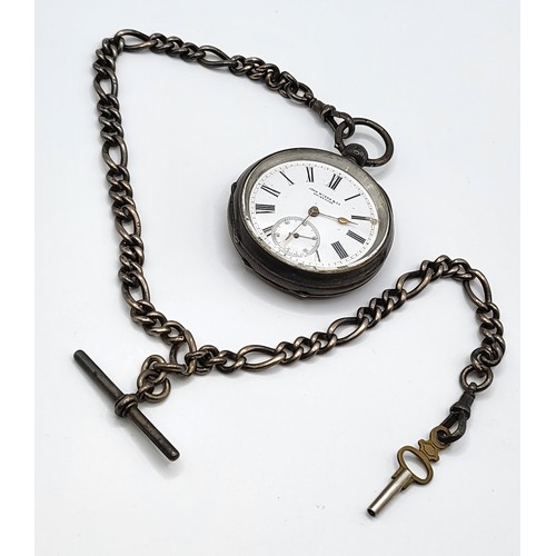 396 - A Silver John Myers & Co fob watch and chain, white enamel Roman numeral dial.
Dial 4.5 cm.