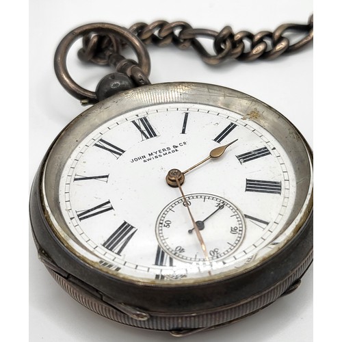 396 - A Silver John Myers & Co fob watch and chain, white enamel Roman numeral dial.
Dial 4.5 cm.