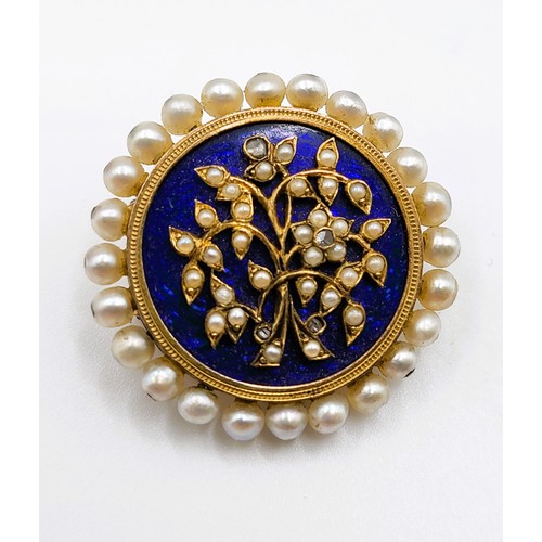 376 - A late 19th century Victorian seed pearl and diamond brooch, of circular form, the cobalt blue guill... 