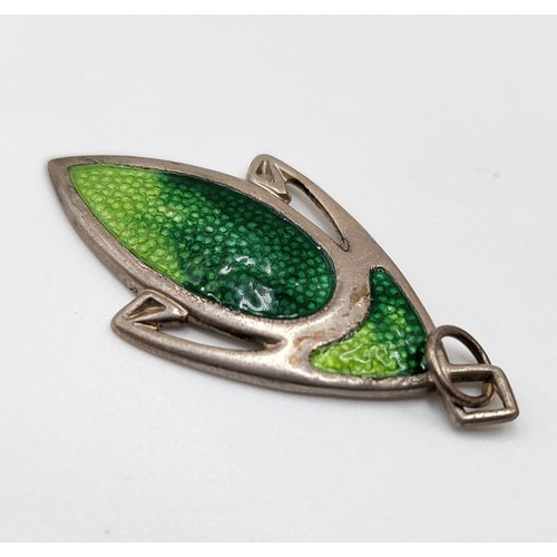 385 - An Art Nouveau silver and enamel pendant, of elongated form, decorated with light and dark green ena... 