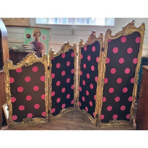 19 - A polka dot four fold room screen (164 x 230cm when unfolded) and stool 62cm x 87cm. Screen has some... 