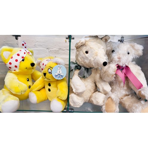176 - Harvergrang yellow Pudsey Bear 23cm, Asda yellow Pudset Bear 25cm, and two white Teddy Bears 34cm an... 