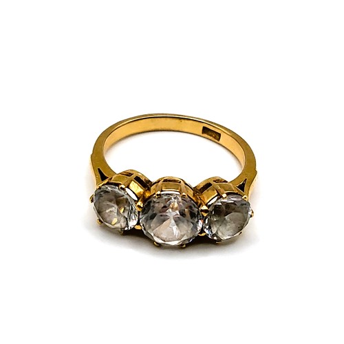 332 - An 18ct yellow gold and white zircon ring, set with three natural zircons, size O 1/2.