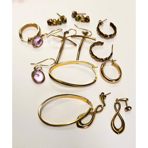 337 - A group of yellow metal earrings including a pair of 9ct rose gold and amethyst drop earrings, a pai... 