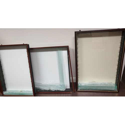 71 - Three wall-mounted display cabinets. 95cm x 64cm x 10cm, 84cm x 56cm x 9cm, and 84cm x 77cm x 9cm (f... 