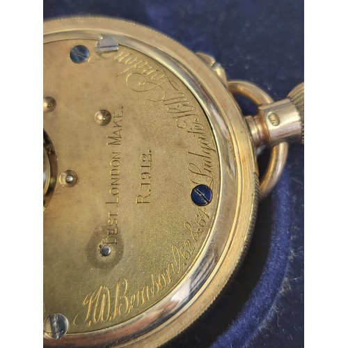 349 - A 9ct yellow gold pocket watch, by J W Benson & Son, with Arabic numeral dial and second subsidiary ... 