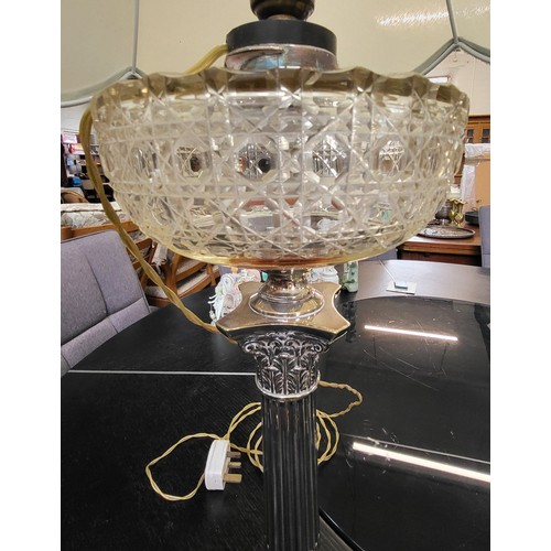 32 - Two crystal stem lamps with modern shades ( 78cm and 69cm) and a silver plate lamp with modern shade... 