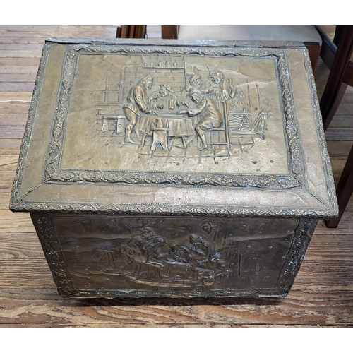 65 - Antique/ vintage wooden chest with slanting lid and featuring figures socialising on exterior. 52cm ... 