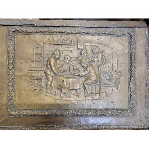 65 - Antique/ vintage wooden chest with slanting lid and featuring figures socialising on exterior. 52cm ... 